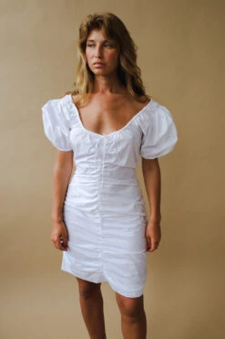 Ganni COTTON POPLIN GATHERED U-NECK MINI DRESS