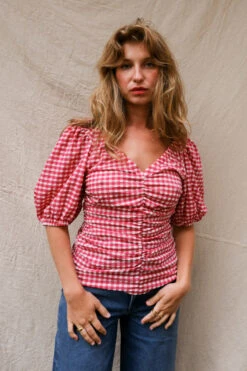 Ganni STRETCH SEERSUCKER GATHERED V-NECK BLOUSE