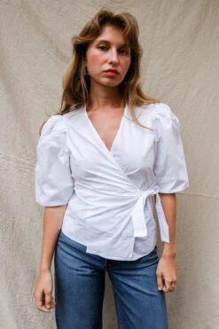 Ganni COTTON POPLIN DRAPEY WRAP BLOUSE