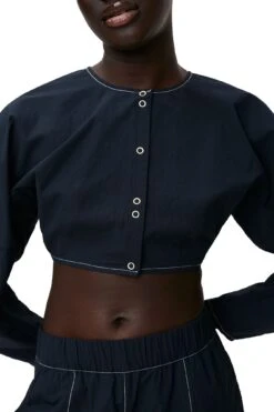 Ganni COTTON CREPE SHAPED SLEEVE CROPPED BLOUSE -Fashion Clothing Store F7626 683 4