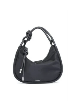 Ganni KNOT BAGUETTE -Fashion Clothing Store Ganni black tech fabric knot baguette bag leather cord piping Pipe and Row