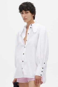 Ganni COTTON POPLIN LONGSLEEVE -Fashion Clothing Store Ganni cotton poplin long balloon sleeve button up shirt white pipe and row