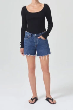 Fashion Clothing Store -Fashion Clothing Store Parker long shorts relaxed frayed caution dark blue washed agolde pipe and row