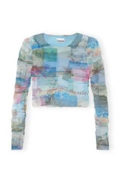 Ganni PRINTED MESH RUCHED BLOUSE