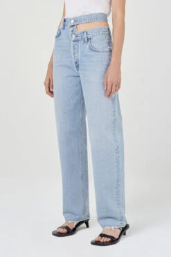 AGOLDE BROKEN WAISTBAND JEAN -Fashion Clothing Store broken waistband jeans sideline blue agolde denim pipe and row