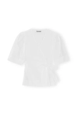 Ganni COTTON POPLIN DRAPEY WRAP BLOUSE -Fashion Clothing Store cotton poplin white wrap top ganni pipe and row