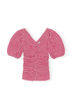 Ganni STRETCH SEERSUCKER GATHERED V-NECK BLOUSE -Fashion Clothing Store seersucker gingham top love potion ganni F7664 6464 487 Pipe and Row