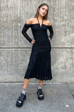 Ganni STRETCH LACE GATHERING MIDI DRESS 18 Ganni STRETCH LACE GATHERING MIDI DRESS -Fashion Clothing Store stretch lace midi dress fitted long sleeve black ganni pipe and row boutique