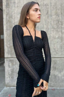 Ganni STRETCH LACE GATHERING MIDI DRESS 19 Ganni STRETCH LACE GATHERING MIDI DRESS -Fashion Clothing Store stretch lace midi dress long sleeve black ganni pipe and row