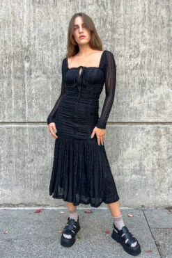 Ganni STRETCH LACE GATHERING MIDI DRESS 22 Ganni STRETCH LACE GATHERING MIDI DRESS -Fashion Clothing Store stretch lace midi dress long sleeve black ganni pipe and row boutique