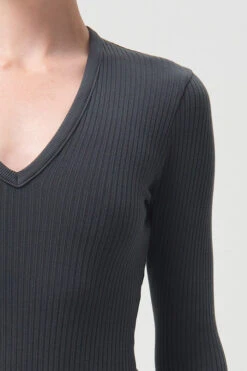AGOLDE TAVI DEEP V NECK LONG SLEEVE -Fashion Clothing Store tavi fitted v neck long sleeve spider grey ribbed tee agolde pipe and row